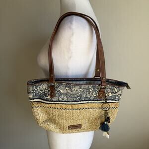 Sakroots Ellis Straw Small Satchel Shoulder Bag Purse Tan Blue with Key Charms